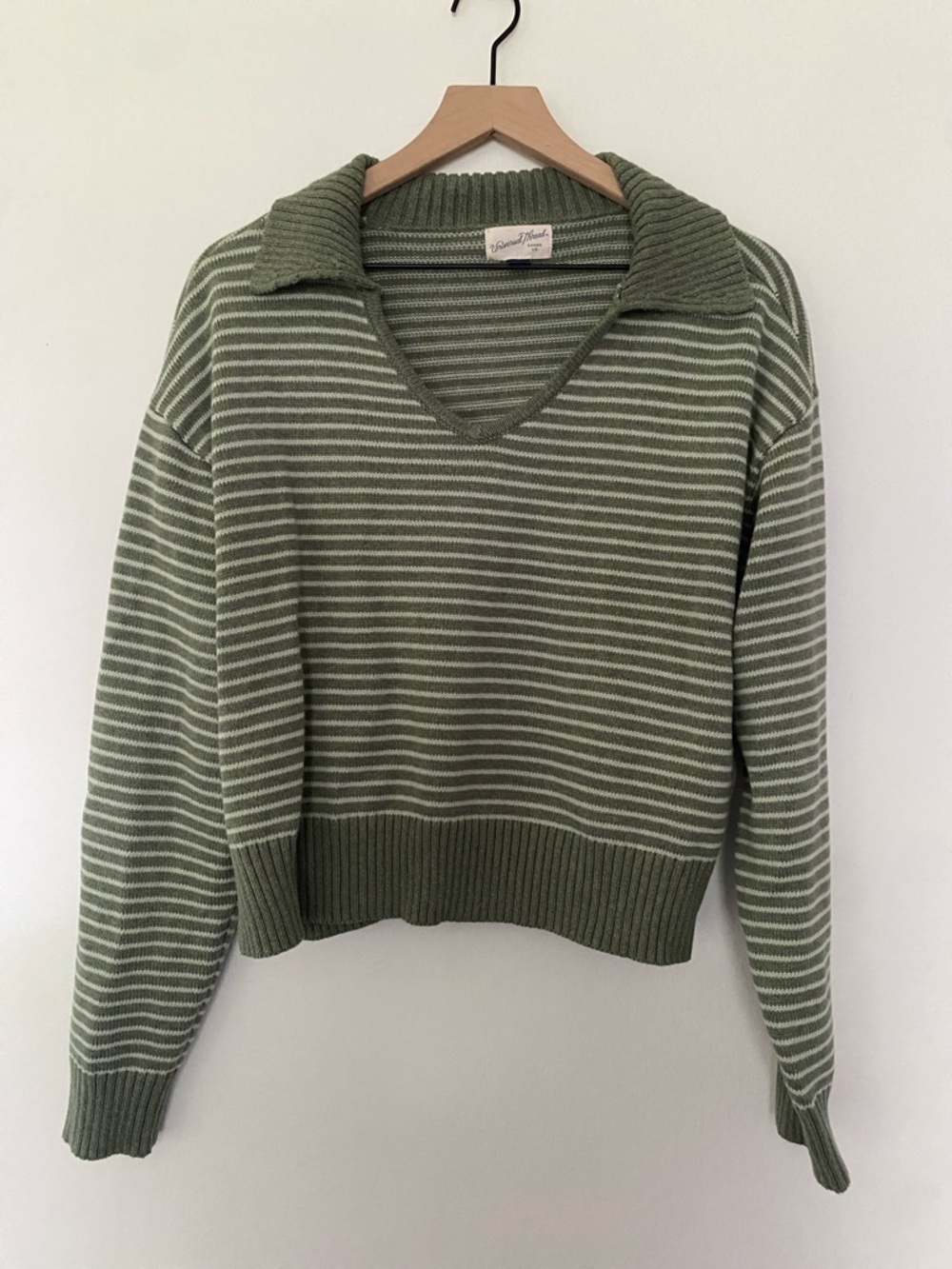 Threshold Olive & Cream Striped V-Neck Collared Sweater